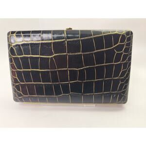 Abas Luxury Cache Wallet Alligator Embossed Leather w/ Polished Gold Tone Frame